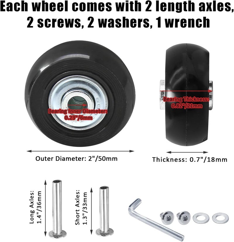 Suiwotin 4pcs 50 x 18mm Luggage Wheels Replacement, Black Rubber Suitcase Wheels Replacement Repair Kit, Smooth Luggage Replacement Parts for Carry-on Roller Bag, Suitcase Bag, Trolley Bag - Image 2